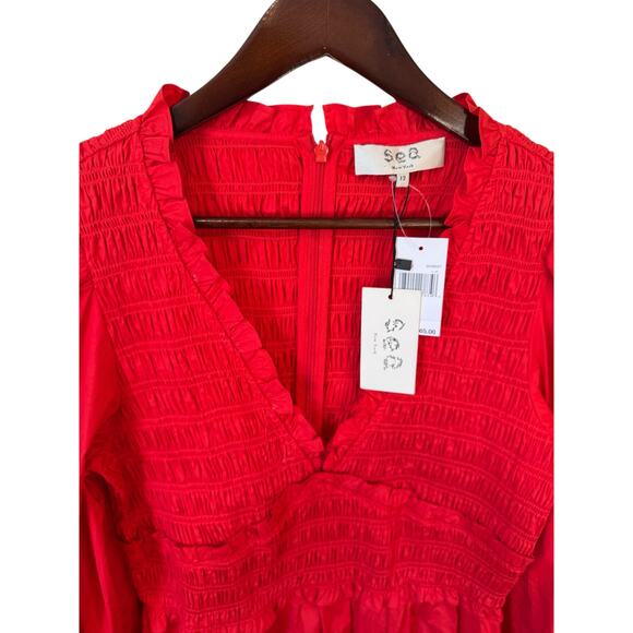 SEA NEW YORK NWT Scarlet Gaia Solid Cotton Long Sleeve Mini Dress Sz 12 Ruffles - Picture 5 of 14